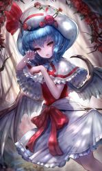 Rule 34 | 1girl, bat wings, blue hair, capelet, curiosities of lotus asia, dutch angle, feet out of frame, flower, gougashakobo, hat, highres, looking at viewer, medium hair, open mouth, pink eyes, red flower, remilia scarlet, rose, solo, standing, touhou, wings