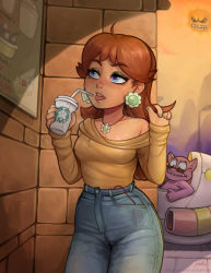 Rule 34 | 1girl, ahoge, angry sun, blue eyes, blue nails, brand name imitation, breasts, brown hair, cameltoe, casual, cleavage, cleft of venus, coffee cup, commentary, commentary request, covered erect nipples, cup, day, denim, disposable cup, drinking straw, ear piercing, earrings, english commentary, eyeshadow, flower earrings, twirling hair, high-waist pants, highres, jeans, jewelry, legs together, lips, long hair, makeup, mario (series), mascara, meme, monster boy, nail polish, nintendo, no bra, nose, off-shoulder shirt, off shoulder, pants, pendant, piercing, princess daisy, public indecency, public vibrator, pussy juice, remote control vibrator, running, sex toy, shirt, solo focus, standing, starbucks, super mario land, tatanga, thick eyebrows, tongue, tongue out, vibrator, wet, wet clothes, yellowroom