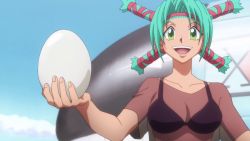 Rule 34 | 1girl, blue sky, breasts, cleavage, female focus, green eyes, green hair, highres, hunter x hunter, long hair, medium breasts, menchi (hunter x hunter), open mouth, screencap, sky, smile, solo