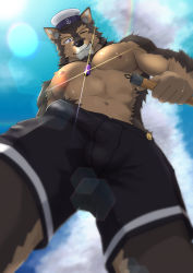 Rule 34 | 1boy, ;), abs, absurdres, animal ears, bara, between pectorals, black shorts, brown fur, bulge, dog boy, dog ears, dog tail, dotsu (wtnbkwiyd), erection, erection under clothes, feet out of frame, furry, furry male, hat, highres, holding, jewelry, large bulge, large pectorals, live a hero, looking at viewer, male focus, muscular, muscular male, navel, necklace, nipples, one eye closed, pectorals, pubraseer (live a hero), sailor hat, short hair, shorts, smile, solo, sparkle, stomach, tail, thick thighs, thighs, topless male