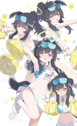 Rule 34 | 1girl, animal ears, bare shoulders, black hair, blue archive, blush, breasts, cheerleader, commentary request, dog ears, dog girl, dog tail, goggles, goggles on head, grey eyes, halo, hibiki (blue archive), hibiki (cheer squad) (blue archive), highres, long hair, millennium cheerleader outfit (blue archive), multiple views, navel, open mouth, parted lips, pleated skirt, pom pom (cheerleading), ponytail, shiwa (siwaa0419), shoes, simple background, skirt, small breasts, standing, standing on one leg, star (symbol), starry background, tail, wavy mouth, white background, white footwear, white skirt, wrist cuffs, yellow halo
