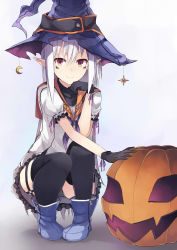 Rule 34 | 1girl, facial mark, gloves, halloween, hat, highres, jack-o&#039;-lantern, keid, long hair, original, pointy ears, red eyes, solo, squatting, thighhighs, white hair, witch hat