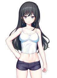 Rule 34 | 1girl, absurdres, bad id, bad pixiv id, bare shoulders, black hair, breasts, collarbone, cowboy shot, crop top, denim, denim shorts, earrings, groin, hand on own hip, highres, jewelry, kim nico, long hair, looking at viewer, medium breasts, midriff, navel, original, parted lips, shirt, short shorts, shorts, simple background, sleeveless, solo, standing, swept bangs, tank top, taut clothes, taut shirt