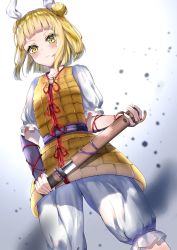 Rule 34 | 1girl, absurdres, arm ribbon, blonde hair, blunt bangs, blush, closed mouth, collarbone, commentary request, cowboy shot, double bun, dress, dutch angle, from below, garaudon, hair bun, haniwa (statue), highres, holding, holding sword, holding weapon, joutouguu mayumi, looking down, puffy sleeves, red ribbon, ribbon, sheath, short hair, solo, standing, sword, touhou, unsheathing, v-shaped eyebrows, vambraces, weapon, white background, yellow dress, yellow eyes
