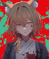 1girl absurdres animal_ear_fluff animal_ears blonde_hair blood blood_in_hair blood_on_clothes blood_on_face commentary_request fox_ears fox_girl hair_between_eyes haori highres japanese_clothes looking_at_viewer maka_(user_rryf2748) mandarin_collar meandros open_clothes red_background shirt short_hair solo splashing touhou upper_body white_shirt yakumo_ran yellow_eyes