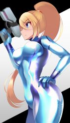 Rule 34 | 1girl, blonde hair, blue bodysuit, blurry, blurry background, bodysuit, breasts, closed mouth, commentary, commentary request, cowboy shot, directed-energy weapon, energy gun, energy weapon, english commentary, from side, gun, hair ribbon, hand on own hip, handgun, holding, holding gun, holding weapon, impossible bodysuit, impossible clothes, light frown, long hair, medium breasts, metroid, nintendo, paralyzer, pistol, ponytail, ribbon, samus aran, skin tight, solo, standing, thighs, volyz, weapon, zero suit