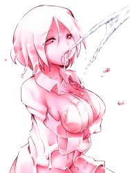 Rule 34 | 1girl, breast hold, breasts, highres, large breasts, monochrome, monster girl, navel, no bra, open clothes, open mouth, open shirt, pink theme, shima (sh1mamu), shirt, short hair, simple background, slime girl, solo, suggestive fluid, unbuttoned, unbuttoned shirt, wallpaper