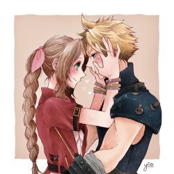 Rule 34 | 1boy, 1girl, aerith gainsborough, armor, artist name, bandaged arm, bandages, belt, blonde hair, blue eyes, blue shirt, blush, border, braid, braided ponytail, brown background, brown hair, cloud strife, couple, cropped jacket, dress, final fantasy, final fantasy vii, final fantasy vii remake, green eyes, hair between eyes, hair ribbon, hands on another&#039;s cheeks, hands on another&#039;s face, heart, hetero, highres, jacket, long hair, looking at another, parted bangs, pink dress, pink ribbon, puffy short sleeves, puffy sleeves, red jacket, ribbon, shirt, short hair, short sleeves, shoulder armor, sidelocks, sleeveless, sleeveless turtleneck, smile, spiked hair, turtleneck, wavy hair, yco 030601