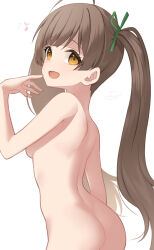 Rule 34 | 1girl, :d, ahoge, ass, binsen, blush, breasts, brown hair, eighth note, from behind, green ribbon, hair ribbon, hakozaki serika, hand up, highres, idolmaster, idolmaster million live!, long hair, looking at viewer, looking back, musical note, nude, open mouth, orange eyes, ribbon, signature, simple background, small breasts, smile, solo, twintails, very long hair, white background