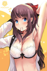 Rule 34 | 10s, 1girl, absurdres, arm up, armpits, artist name, blue eyes, bra, breasts, brown hair, cleavage, english text, hair ribbon, hair tie, head tilt, highres, lace, lace-trimmed bra, lace trim, large breasts, long hair, looking at viewer, mole, mole on breast, mouth hold, multicolored background, new game!, oikawa sakura, ponytail, red ribbon, ribbon, shirt, solo, sweat, takimoto hifumi, underwear, undressing, upper body, white bra, white shirt