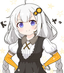 Rule 34 | &gt;:), 1girl, ahoge, black dress, braid, breasts, closed mouth, collared shirt, commentary request, dress, elbow gloves, fingerless gloves, gloves, grey hair, hair ornament, hands on own hips, headset, kizuna akari, long hair, looking at viewer, low twintails, medium breasts, mitya, orange gloves, puffy short sleeves, puffy sleeves, revision, shirt, short sleeves, simple background, sleeveless, sleeveless dress, smile, solo, star (symbol), striped clothes, striped gloves, translation request, twin braids, twintails, twitter username, v-shaped eyebrows, vertical-striped clothes, vertical-striped gloves, very long hair, voiceroid, white background, white shirt