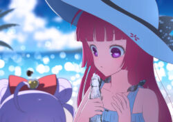 Rule 34 | 2girls, bare shoulders, blue sky, blunt bangs, blurry, blurry background, bottle, bow, cloud, commentary, day, double bun, english commentary, hair bow, hair bun, hands up, hat, head out of frame, hojo sophy, holding, holding bottle, long hair, looking at another, looking down, manaka laala, manaka laala (young), multiple girls, ocean, open mouth, outdoors, pink bow, pretty series, pripara, purple eyes, purple hair, ramune, red hair, ruru ashihara, sky, summer festival, sun hat, upper body, white hat