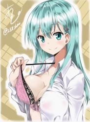 Rule 34 | 10s, 1girl, absurdres, amu (258shin), aqua eyes, aqua hair, beige background, blush, bow, bow bra, bra, breasts, cleavage, closed mouth, collared shirt, dress shirt, eyebrows, floral print, from side, green eyes, green hair, hair between eyes, hair ornament, hair over shoulder, hairclip, highres, kantai collection, lace, lace-trimmed bra, lace trim, lifting own clothes, long hair, long sleeves, looking at viewer, matching hair/eyes, medium breasts, nail polish, open clothes, open shirt, outline, parted bangs, pink bra, pink nails, see-through, shirt, signature, smile, solo, strap, strap lift, suzuya (kancolle), twitter username, underwear, upper body, white shirt