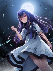 Rule 34 | 1girl, black ribbon, chaamii, clothes lift, dress, dress lift, dutch angle, empty x embryo, floating hair, from below, full moon, highres, himukai momiji, long hair, looking at viewer, moon, night, outdoors, parted lips, purple hair, red eyes, ribbon, ribbon-trimmed sleeves, ribbon trim, short sleeves, signature, solo, standing, very long hair, white dress, wind, wind lift