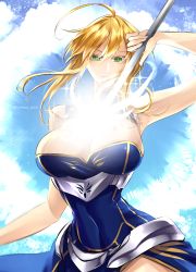 Rule 34 | 1girl, absurdres, ahoge, armor, artoria pendragon (fate), artoria pendragon (lancer) (fate), bare shoulders, blonde hair, blue leotard, breasts, cleavage, covered navel, fate/grand order, fate (series), hair between eyes, highres, lance, large breasts, leotard, light particles, looking at viewer, outdoors, polearm, solo, weapon, yellow eyes