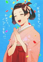 Rule 34 | 1girl, :d, ^ ^, ace attorney, bangs pinned back, black hair, blue background, blush, bow, closed eyes, confetti, floral print, hair ribbon, hair rings, hakama, hakama skirt, japanese clothes, kimono, long sleeves, open mouth, own hands clasped, own hands together, pink kimono, red hakama, ribbon, short hair, skirt, smile, solo, susato mikotoba, tamami, the great ace attorney, updo, wide sleeves