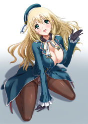 Rule 34 | 10s, 1girl, :d, atago (kancolle), black pantyhose, blonde hair, blue eyes, breasts, chaki-yam, cleavage, colorized, crotch seam, hat, kantai collection, large breasts, long hair, long sleeves, open mouth, panties, panties under pantyhose, pantyhose, pantyshot, sitting, sketch, skirt, smile, solo, thighband pantyhose, underwear, upskirt, wariza, white panties