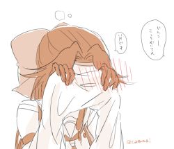Rule 34 | 10s, 1girl, blush, brown hair, covering face, detached sleeves, jintsuu (kancolle), kantai collection, nagihashi koko, sketch, solo, translation request, twitter username