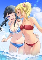 Rule 34 | 2girls, bikini, black hair, blonde hair, blue bikini, blue eyes, blue nails, blue sky, blunt bangs, bon (bonbon315), closed eyes, cloud, frilled bikini, frills, front-tie bikini top, front-tie top, grin, hand on another&#039;s waist, highres, long hair, low twintails, multiple girls, nail polish, navel, one eye closed, original, red bikini, side ponytail, sky, smile, standing, strapless, strapless bikini, swimsuit, twintails, wading, water