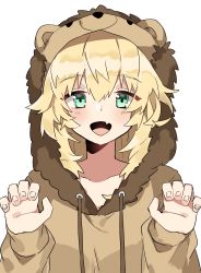 Rule 34 | 1girl, animal costume, aogisa, bad id, bad pixiv id, bear costume, blonde hair, blush, girls&#039; frontline, green eyes, highres, long hair, looking at viewer, open mouth, paw pose, s.a.t.8 (girls&#039; frontline), smile, solo, white background