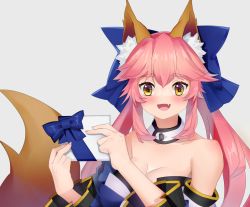 Rule 34 | 1girl, animal ear fluff, animal ears, artist request, bare shoulders, blue kimono, blue ribbon, blush, breasts, cleavage, detached sleeves, fang, fate/extella, fate/extra, fate/extra ccc, fate/grand order, fate (series), fox ears, fox girl, fox tail, hair ribbon, japanese clothes, kimono, large breasts, looking at viewer, open mouth, pink hair, ribbon, simple background, solo, tail, tamamo (fate), tamamo no mae (fate/extra), white background, yellow eyes