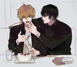 Rule 34 | 2boys, black hair, black jacket, blonde hair, cake, chainsaw man, commentary, cup, denji (chainsaw man), ear piercing, earrings, eating, food, food on face, food on hand, fruit, grey background, hair between eyes, jacket, jewelry, long sleeves, looking at another, male focus, mole, mole under mouth, multiple boys, multiple earrings, open clothes, open jacket, open mouth, piercing, plate, shirt, short hair, simple background, sitting, strawberry, table, upper body, white shirt, xxxx owo x, yellow eyes, yoshida hirofumi