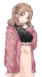 Rule 34 | 1girl, argyle, argyle clothes, argyle sweater, black shirt, blush, breasts, frilled skirt, frills, hand to own mouth, highres, ichikawa hinana, idolmaster, idolmaster shiny colors, jacket, light, looking at viewer, medium breasts, migolu, parted bangs, pink jacket, see-through, see-through shirt, shirt, shirt tucked in, simple background, skirt, smile, solo, sweater, sweater jacket, wavy hair, white background