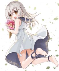 Rule 34 | 1girl, :d, anklet, bare arms, barefoot, blush, bouquet, commentary request, dress, flower, full body, grey hair, hair between eyes, holding, holding bouquet, jewelry, leaf, long hair, looking at viewer, looking back, open mouth, original, sailor dress, sleeveless, sleeveless dress, smile, solo, two-sided fabric, two-sided skirt, white background, white dress, yellow eyes, yuuhagi (amaretto-no-natsu)