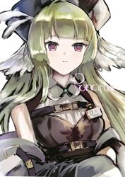 Rule 34 | 1girl, :|, arknights, arms at sides, bird girl, black hat, black jacket, blunt bangs, blush, breasts, character name, closed mouth, collared shirt, expressionless, green hair, hat, head wings, highres, id card, jacket, long bangs, looking ahead, medium breasts, off shoulder, poncirus (arknights), purple eyes, shirt, simple background, sleeveless, sleeveless jacket, sleeveless shirt, solo, tukaima, upper body, white background, white shirt, wings