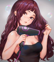 Rule 34 | 1girl, big hair, blush, breasts, bubble, cable, camisole, canking, cleavage, drying, drying hair, grey background, hair dryer, head tilt, holding, holding own hair, large breasts, lips, long hair, looking at viewer, looking away, looking to the side, original, parted lips, solo, upper body, wavy hair