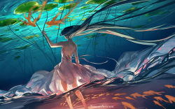 Rule 34 | 1girl, arm up, backless dress, backless outfit, black hair, commentary, dress, english commentary, fish, floating hair, from behind, highres, lily pad, long hair, original, solo, standing, third-party source, underwater, watermark, web address, white dress, yuumei