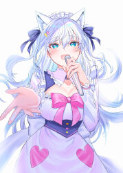 Rule 34 | 1girl, absurdres, animal ear fluff, animal ears, black ribbon, blue eyes, blush, bow, bowtie, breasts, cat ears, cleavage, cleavage cutout, clothing cutout, commentary request, dress, hair ornament, hair ribbon, heart, heart hair ornament, highres, holding, holding microphone, large breasts, long hair, long shirt, long sleeves, looking at viewer, maid headdress, microphone, music, noripro, open mouth, pink bow, pink bowtie, reaching, reaching towards viewer, ribbon, shirayuki mishiro, simple background, singing, smile, solo, virtual youtuber, white background, white dress, white hair, yuri kyanon