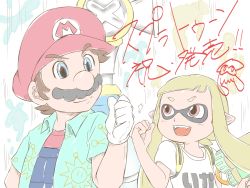 Rule 34 | 1boy, 1girl, :d, blue eyes, collared shirt, company connection, crossover, f.l.u.d.d., facial hair, fist bump, gloves, hat, height difference, highres, inkling, inkling girl, inkling player character, looking at another, mario, mario (series), monster girl, mustache, nintendo, open mouth, orange eyes, overalls, pointy ears, shirt, short sleeves, smile, splatoon (series), splatoon 1, super mario sunshine, super soaker, tentacle hair, water gun, white gloves