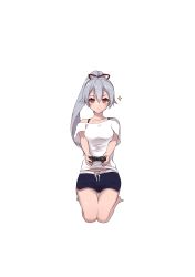 Rule 34 | 1girl, absurdres, casual, controller, fate/grand order, fate (series), full body, hane yuki, highres, looking at viewer, midriff peek, ponytail, red eyes, shorts, silver hair, simple background, sitting, smile, solo, tomoe gozen (fate), white background
