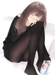 Rule 34 | 1girl, ama mitsuki, ass, black pantyhose, black shorts, black sweater, bra strap, brown hair, brown pantyhose, can, commentary request, closed eyes, facing viewer, fine fabric emphasis, holding, holding can, knees up, long hair, long sleeves, no shoes, original, pantyhose, parted lips, short shorts, shorts, sitting, sleeping, sleeves past wrists, solo, sweater