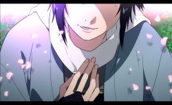 Rule 34 | 10s, 1672, 1boy, anime coloring, bad id, bad pixiv id, black hair, hand on own chest, haori, japanese clothes, letterboxed, male focus, mole, out of frame, personification, petals, scarf, smile, solo, touken ranbu, yamato-no-kami yasusada