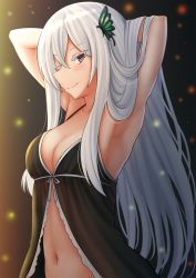 Rule 34 | 1girl, ;), armpits, arms behind head, arms up, babydoll, blush, breasts, brown eyes, butterfly hair ornament, cleavage, closed mouth, collarbone, colored eyelashes, commentary, echidna (re:zero), hair between eyes, hair ornament, hands in hair, highres, kazenokaze, long hair, looking at viewer, medium breasts, navel, one eye closed, re:zero kara hajimeru isekai seikatsu, silver hair, smile, solo, very long hair