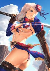 Rule 34 | 1girl, american flag bikini, ass, asymmetrical hair, belt, bikini, blue eyes, blue sky, blush, breasts, brown gloves, bun cover, choker, cleavage, collarbone, day, elbow gloves, fate/grand order, fate (series), fingerless gloves, flag print, front-tie bikini top, front-tie top, gloves, grin, gunblade, hair bun, highres, large breasts, long hair, looking at viewer, miyamoto musashi (fate), miyamoto musashi (fate/grand order), miyamoto musashi (swimsuit berserker) (fate), miyamoto musashi (swimsuit berserker) (second ascension) (fate), mugetsu2501, navel, pink hair, shrug (clothing), single hair bun, sky, smile, solo, sunlight, swept bangs, swimsuit, thighhighs, thighs, weapon