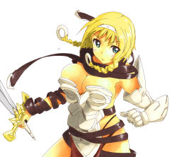 Rule 34 | 1girl, armor, belt, blonde hair, breasts, highres, holding, holding sword, holding weapon, large breasts, leina (queen&#039;s blade), looking at viewer, queen&#039;s blade, revealing clothes, shive, simple background, sword, thong, weapon, white background