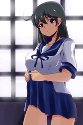 Rule 34 | 10s, 1girl, black hair, breasts, brown eyes, clothes lift, female focus, highres, kantai collection, large breasts, long hair, looking at viewer, neckerchief, nishi koutarou, school uniform, serafuku, shirt, skirt, skirt lift, solo, thighs, ushio (kancolle)