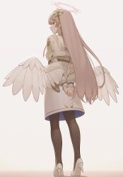 Rule 34 | 1girl, absurdres, arms behind back, black pantyhose, blue archive, capelet, closed mouth, commentary, dress, feathered wings, flower, from behind, full body, gloves, hair flower, hair ornament, halo, high heels, highres, holster, komodo, light brown hair, long hair, long sleeves, looking at viewer, looking back, low wings, nagisa (blue archive), pantyhose, pink halo, simple background, solo, white background, white capelet, white dress, white flower, white footwear, white gloves, white wings, wings, yellow eyes