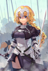 Rule 34 | 1girl, armor, armored dress, black bow, black dress, black thighhighs, blonde hair, blue eyes, bow, braid, chain, cowboy shot, day, dress, fate/apocrypha, fate (series), floating hair, gauntlets, hair bow, highres, holding, holding sword, holding weapon, jeanne d&#039;arc (fate), jeanne d&#039;arc (ruler) (fate), long hair, looking at viewer, low-tied long hair, outdoors, single braid, smile, solo, srx61800, standing, sword, thighhighs, very long hair, weapon