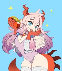 Rule 34 | 1girl, :3, absurdres, basil (basillief), blue eyes, breasts, cleavage, cleavage cutout, clothing cutout, covered navel, dragon horns, dragon tail, fangs, food, hand on own cheek, hand on own face, highres, holding, holding food, horns, indie virtual youtuber, large breasts, leotard, long hair, monchi chizu, open mouth, purple hair, skindentation, smile, solo, sparkle, taco, tail, thick thighs, thighhighs, thighs, torn clothes, virtual youtuber