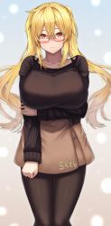 Rule 34 | 1girl, black pantyhose, blonde hair, blush, breasts, brown skirt, brown sweater, buran (22x), closed mouth, commentary request, commission, glasses, hair between eyes, highres, holding own arm, large breasts, long hair, looking at viewer, miniskirt, orange eyes, original, pantyhose, red-framed eyewear, sidelocks, skeb commission, skirt, solo, standing, sweater, twintails
