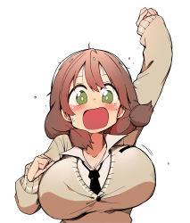 Rule 34 | 1girl, absurdres, blush, bouncing breasts, breasts, brown hair, bural chingu, cleavage, green eyes, ham na-bi, highres, huge breasts, luke (dydansgur), open mouth, original, school uniform, short twintails, simple background, smile, solo, twintails, white background