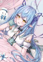 Rule 34 | 1girl, absurdres, ahoge, bare shoulders, blue hair, blush, breasts, daifuku (yukihana lamy), dincat, dress, elf, highres, hololive, large breasts, long hair, lying, on bed, on stomach, pointy ears, smile, twintails, virtual youtuber, white dress, yellow eyes, yukihana lamy, yukihana lamy (5th costume)