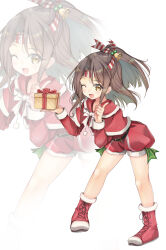 Rule 34 | 1girl, absurdres, bell, blush, boots, box, brown eyes, brown hair, capelet, christmas, commentary request, flower, full body, fur trim, gift, gift box, grey background, hachimaki, hair bell, hair ornament, headband, heart, highres, holding, holding gift, index finger raised, kantai collection, leaning forward, long hair, looking at viewer, one eye closed, open mouth, pom pom (clothes), ponytail, red flower, red shorts, santa costume, shorts, simple background, solo, standing, white background, yashin (yasinz), zoom layer, zuihou (kancolle)