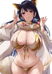 Rule 34 | 1girl, amasora taichi, animal ears, animal print, bikini, black hair, breasts, brown eyes, chinese zodiac, closed mouth, floral print, highres, japanese clothes, kimono, large breasts, long hair, looking at viewer, original, print kimono, scarf, simple background, smile, solo, swimsuit, tiger ears, tiger print, translation request, white background, white kimono, year of the tiger