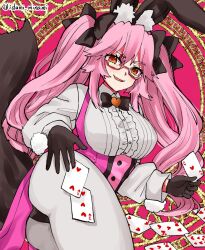 Rule 34 | 1girl, animal ears, ass, bad id, bad twitter id, black gloves, bow, bowtie, breasts, card, fake animal ears, fate/grand order, fate (series), glasses, gloves, hair bow, heart, highres, izumi minami, koyanskaya (assassin) (second ascension) (fate), koyanskaya (fate), large breasts, open mouth, orange eyes, pink hair, rabbit ears, smile, tail, tamamo (fate), twintails, twitter username