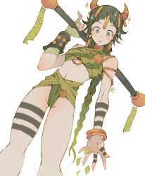 Rule 34 | 1girl, andrewcockroach, arm tattoo, bandaged arm, bandages, bangle, bracelet, crop top, crotch seam, detached collar, earrings, fantasy, green eyes, green hair, green theme, hair ornament, hand tattoo, highres, holding, holding weapon, horns, jewelry, leg tattoo, long braid, long hair, no panties, original, revealing clothes, solo, tattoo, thigh gap, thighs, weapon